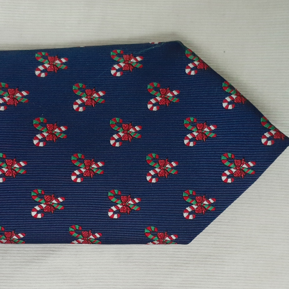 HOHOHO Festive Navy Blue Tie with Embroidered Candy Cane Design